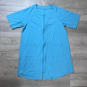 Dreams & Co. Women's Large (18/20) Blue Short French Terry Zip-Front Robe